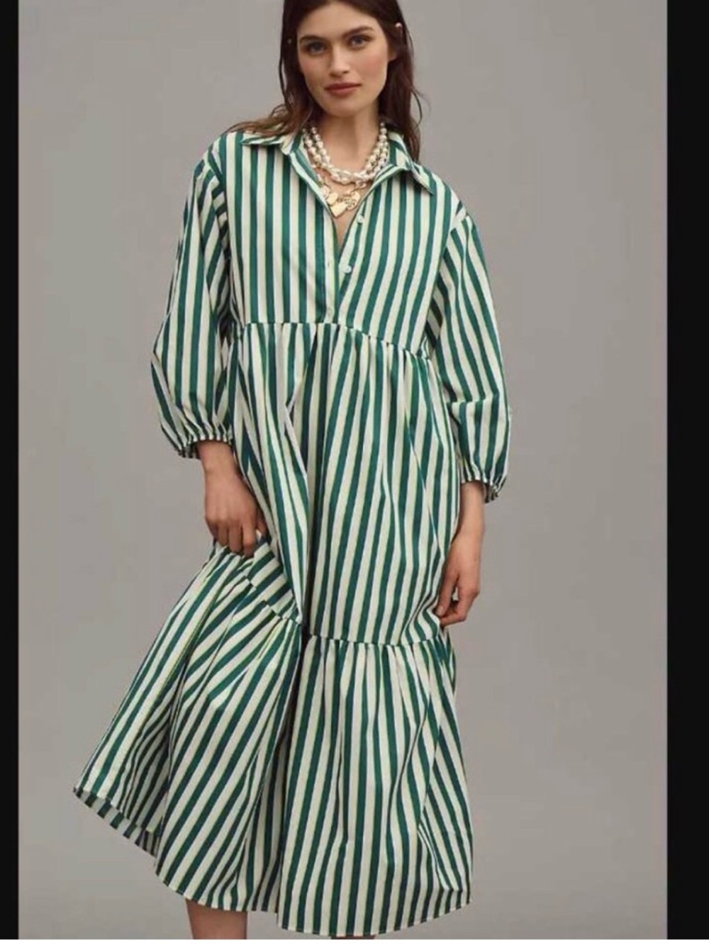 NWT Anthropologie Maeve Bettina Tiered Shirt Dress in Green Stripe size L